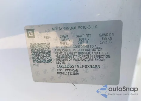 2020 Chevrolet Malibu Fwd Lt z USA, uszkodzony, nr VIN 1G1ZD5ST9LF039468